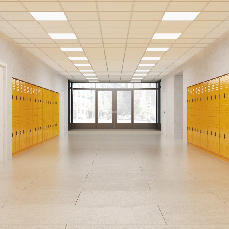 Commercial flooring in a bright school hallway