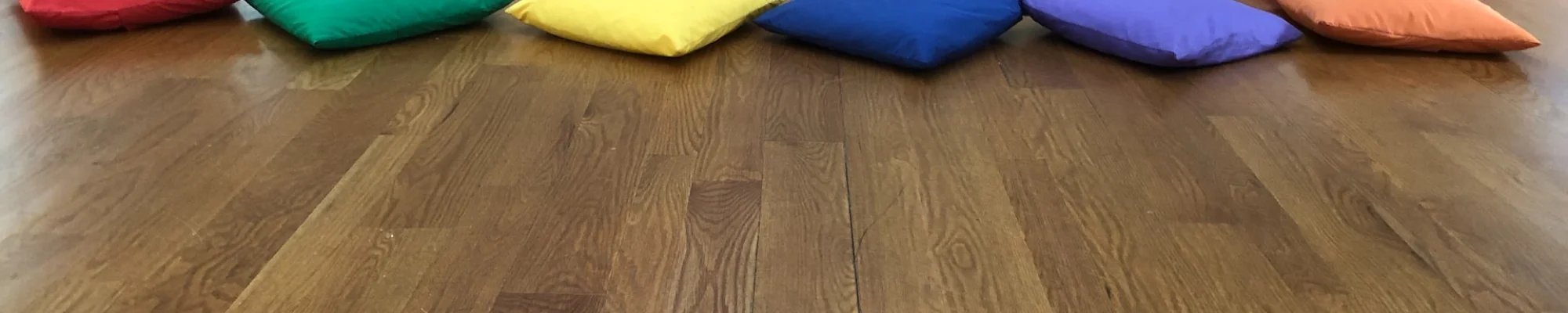 Colorful pillows on a new hardwood floor
